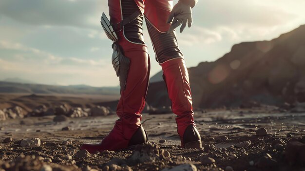 Foto un primer plano de una persona con un traje espacial de cuero rojo con una rodilla plateada de pie en un terreno rocoso lunar