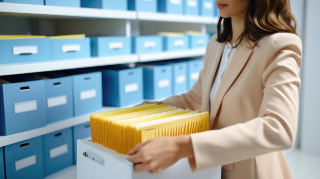 Foto primer plano de una persona en un traje de negocios buscando en cajones abiertos llenos de documentos