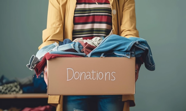 Primer plano de una persona voluntaria sosteniendo una caja de donación de ropa llena de artículos para caridad