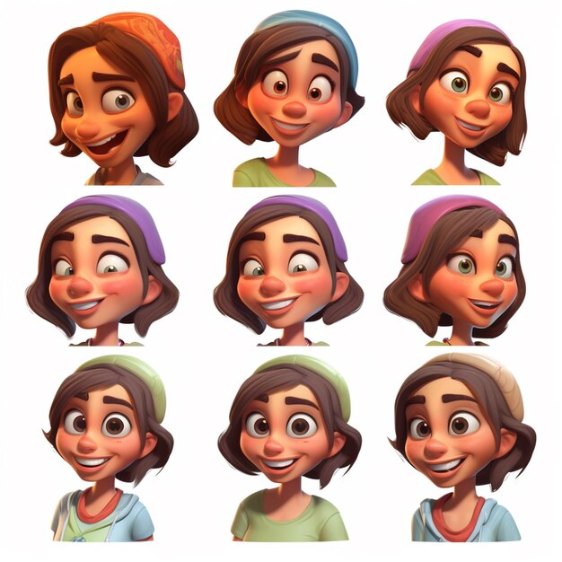 un primer plano de un personaje de dibujos animados con diferentes expresiones faciales