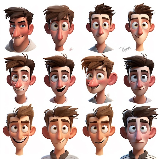 un primer plano de un personaje de dibujos animados con muchas expresiones faciales diferentes