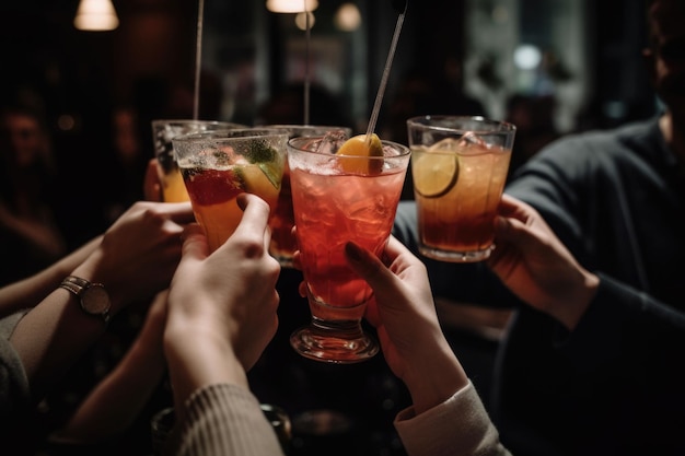 Primer plano de personas animando cócteles en un bar Amigos alegres tintineando vasos IA generativa