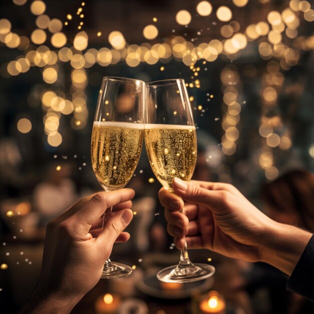 Foto un primer plano de personas brindando con una copa de champán de navidad