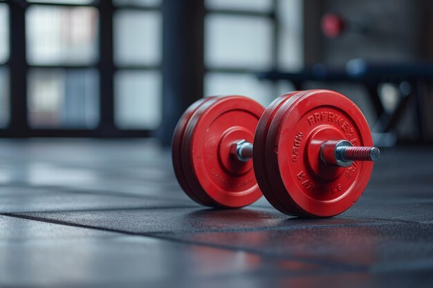 Primer plano de pesas de pesas rojas en el piso del gimnasio