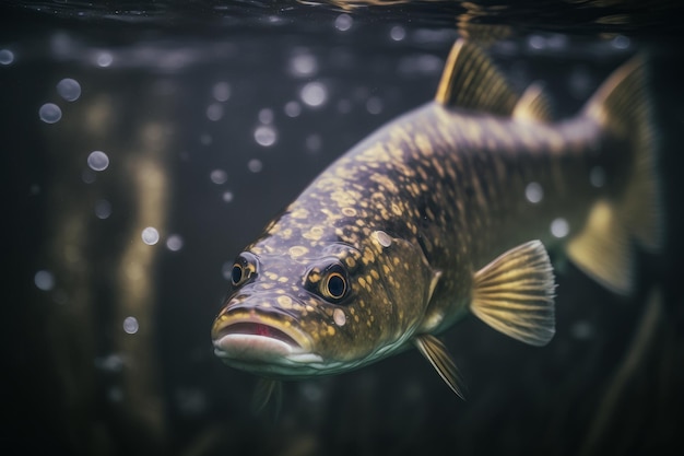 Primer plano de pesca de un pez lucioperca bajo el agua Ilustración AI Generativo