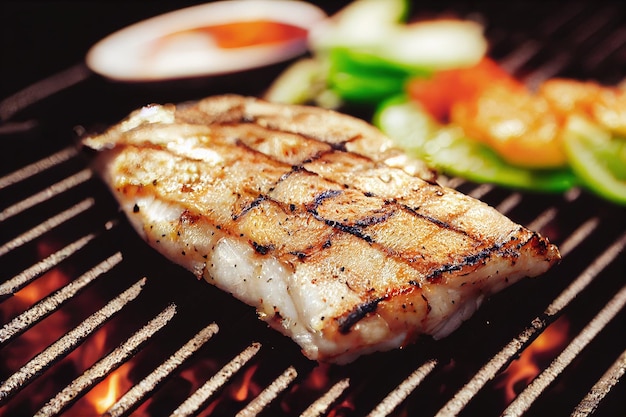 Primer plano de pescado blanco a la parrilla en parrilla de barbacoa