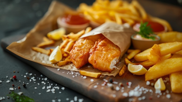 Primer plano de pescado y papas fritas con papas fritas Concepto de comida rápida y publicidad