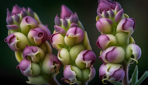 Primer plano de pétalos de flores violetas y rosas generados por IA