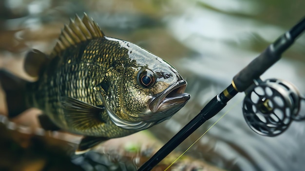 Foto un primer plano de un pez atrapado en una cuerda de pesca el pez es un bajo de boca grande tiene un cuerpo verde y marrón con un vientre blanco