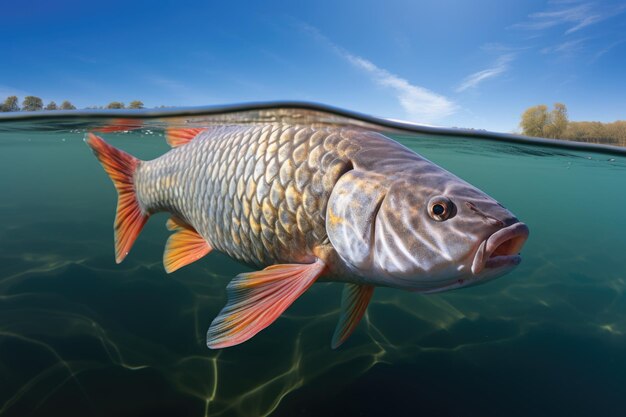 Primer plano de un pez carpa con la superficie del lago reflejando la luz solar en el fondo