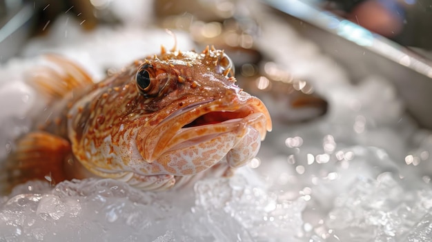 Primer plano de un pez rocoso rojo que emerge del hielo Concepto de mariscos frescos