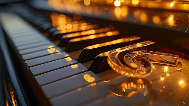 Un primer plano de un piano con teclas iluminadas a plena luz