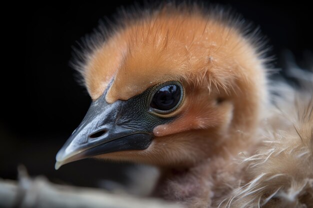 Primer plano del pico de pájaros recién nacidos rodeado de plumas esponjosas creadas con ai generativo