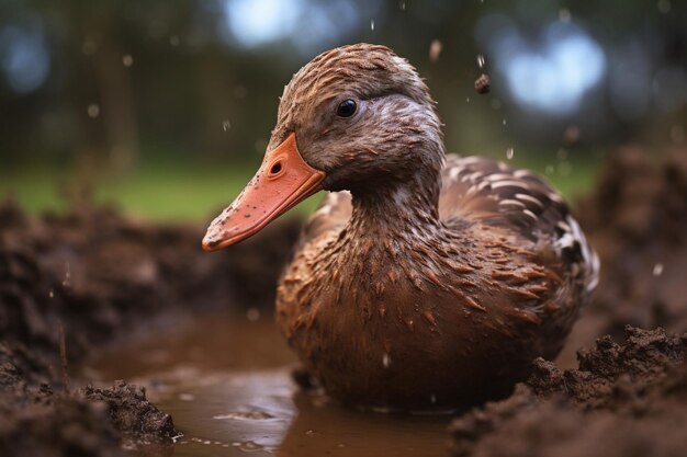 Foto primer plano de un pico de pato cubierto de pequeñas gotas de agua después de una inmersión