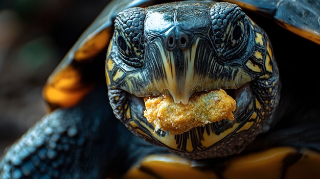 Un primer plano del pico de una tortuga mientras mordisquea un pedazo de comida con el enfoque en su boca y la textura de su piel