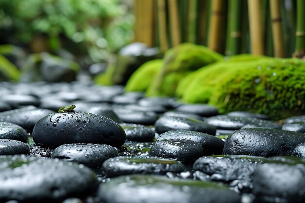 Un primer plano de piedras brillantes y una rana solitaria en un jardín Zen