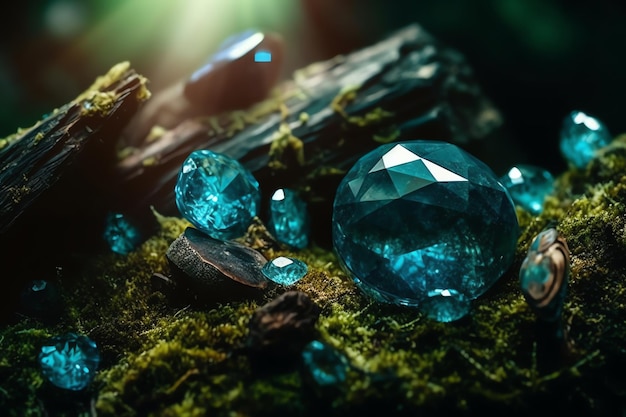 Un primer plano de piedras preciosas azules sobre una superficie cubierta de musgo