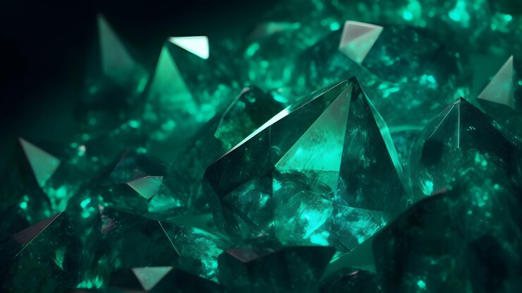 Un primer plano de piedras preciosas verdes con las palabras esmeralda en la parte superior.