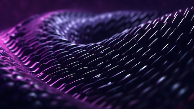 Un primer plano de la piel de una serpiente con una luz violeta y rosa en el fondo