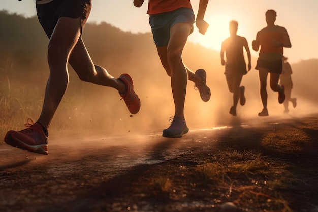 Primer plano de las piernas del grupo de corredores que corren al amanecer o al atardecer en el sendero costero AI generativo