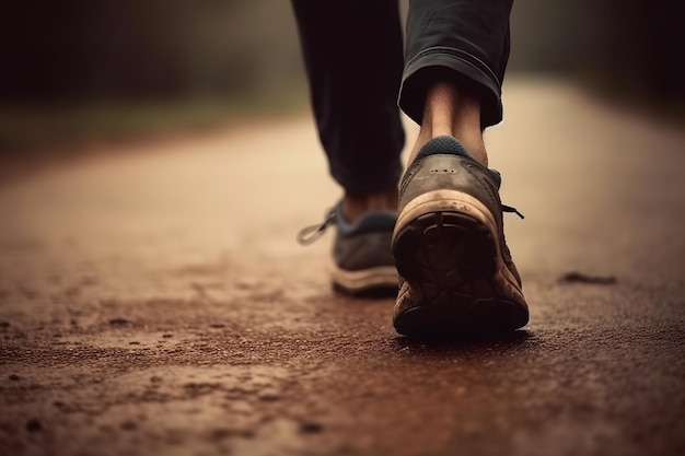 Foto primer plano de las piernas de un hombre corriendo a lo largo de la carretera corriendo a través de un terreno polvoriento con énfasis en las piernas del corredor red neuronal generada por ia