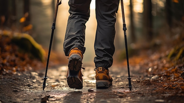 Primer plano de las piernas de la persona en zapatos de senderismo caminando en el bosque con bastón de senderismo