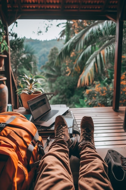 Un primer plano de las piernas de un viajero con una computadora portátil en un balcón de madera con vistas a una frondosa selva
