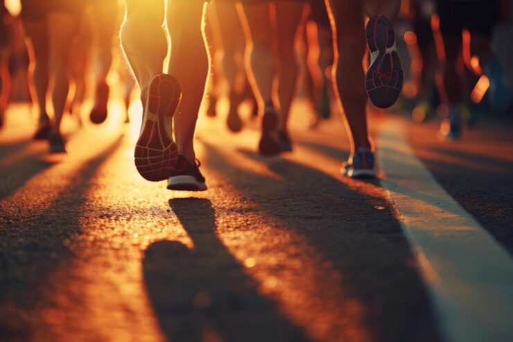 Primer plano de las piernas y los zapatos de los corredores durante un maratón al amanecer