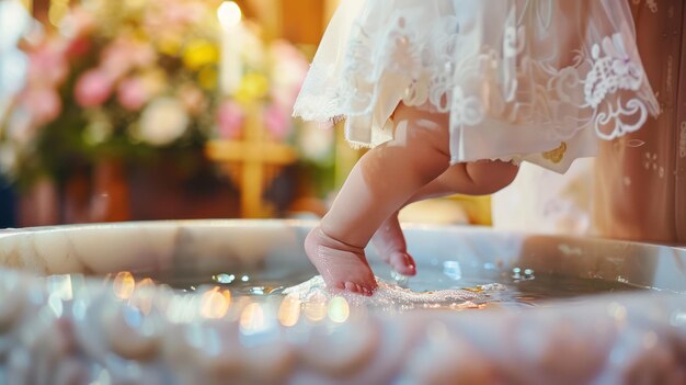 Un primer plano de los pies de un bebé sumergidos en la fuente bautismal durante la ceremonia