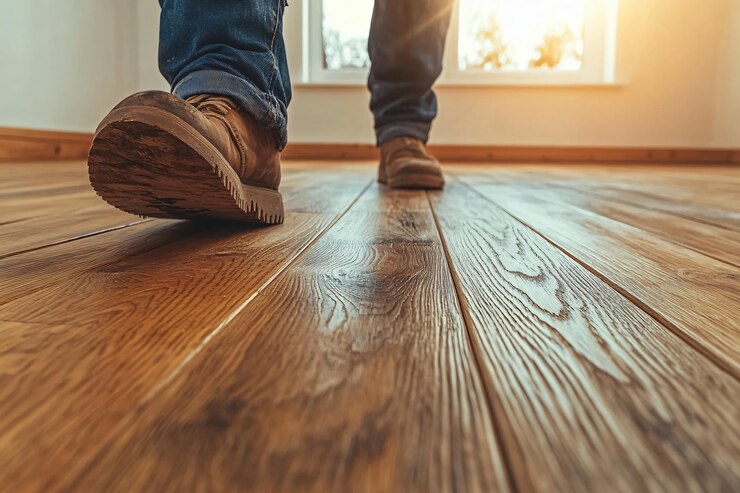 Un primer plano de pies caminando sobre un cálido piso de madera en una habitación iluminada por el sol