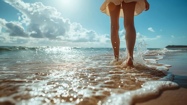 Foto primer plano de los pies descalzos de una mujer caminando sobre arena blanca granulada con un toque de agua azul del océano ia generativa