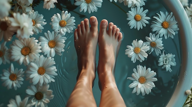 Primer plano de pies femeninos en un cuenco de agua con flores de manzanilla flotando en él con espacio IA generativa