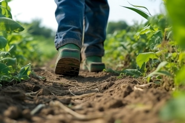 Primer plano de los pies de un granjero en botas de goma Ai generativo