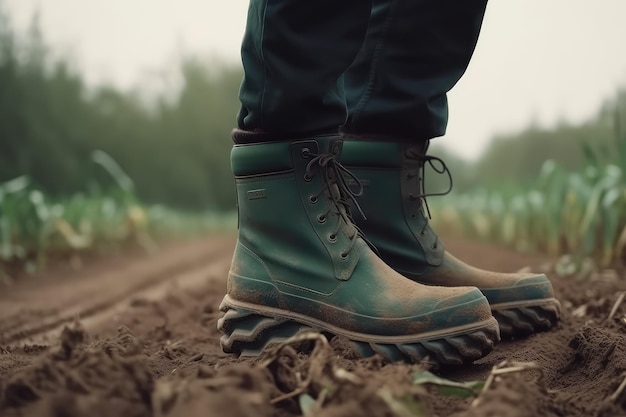 primer plano de los pies de un granjero con botas de goma AI