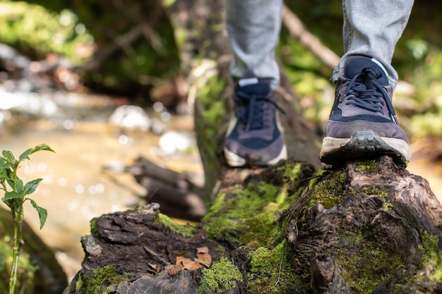 Primer plano de los pies del hombre senderismo Senderismo cruzando un arroyo Piernas de una persona caminando sobre un tronco caído