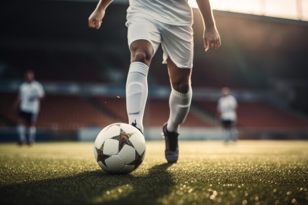 Un primer plano de los pies de un jugador de fútbol driblando la pelota