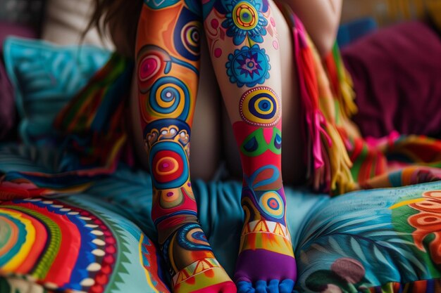 Foto un primer plano de los pies de una mujer con calcetines de colores en un entorno acogedor