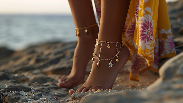 Foto un primer plano de los pies de una mujer con tobilleras en la playa