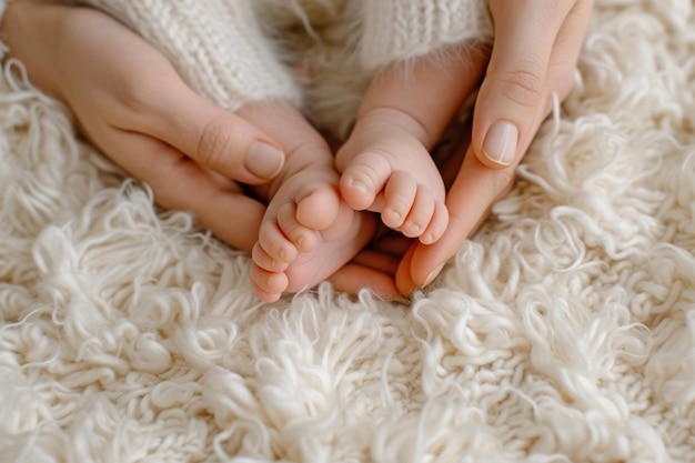 Primer plano de los pies pequeños de un recién nacido apoyado por la mano de su madre concepto de crianza y cuidado infantil