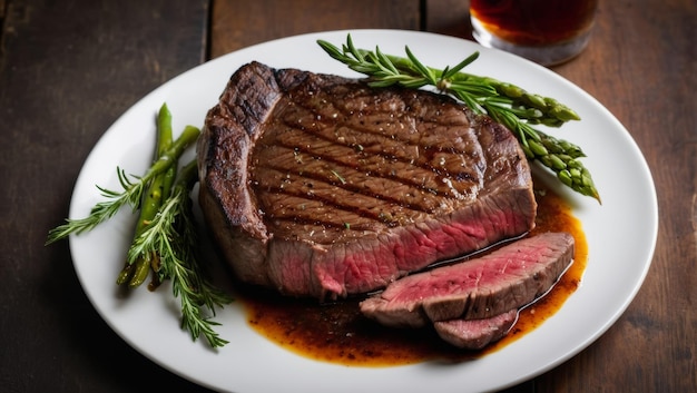 Foto un primer plano de una pieza de bistec a la parrilla en un plato cortado con especias e ingredientes