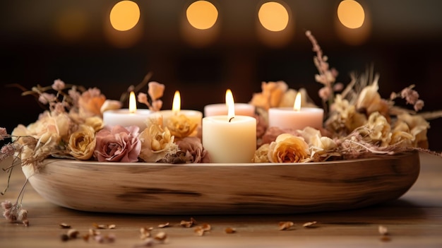 Primer plano de una pieza central de madera bellamente hecha a mano, adornada con flores secas y velas.