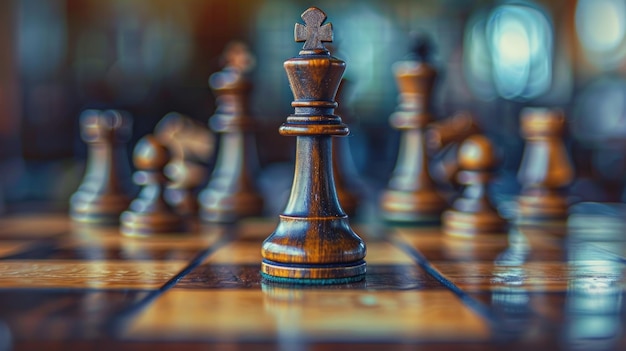 Primer plano de piezas de ajedrez de madera colocadas estratégicamente en un tablero de ajedres clásico capturando la esencia