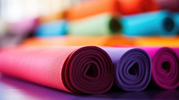 Un primer plano de una pila de alfombras de yoga coloridas que sugieren los diversos beneficios físicos y mentales de