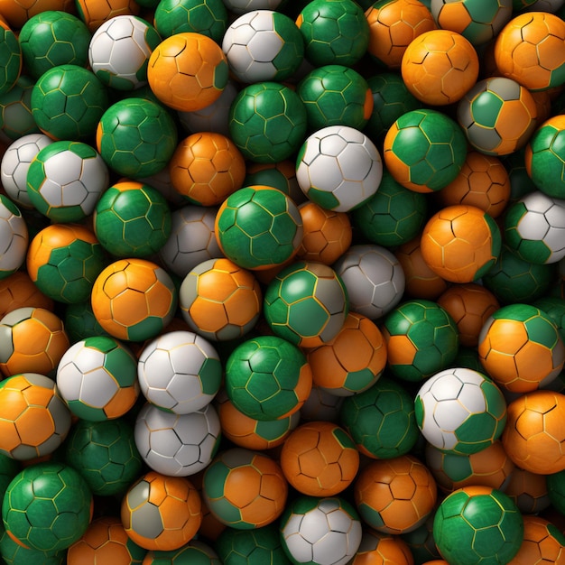 Un primer plano de una pila de balones de fútbol con un diseño generativo verde y naranja ai