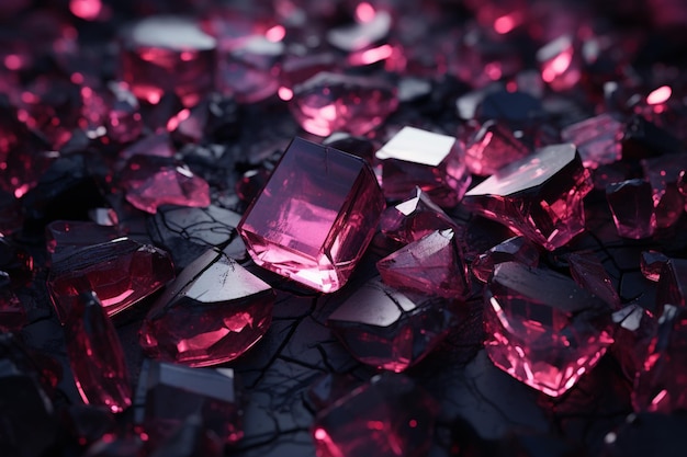 un primer plano de una pila de cristales rosados en una superficie negra generativa ai