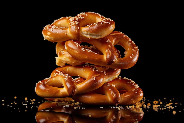 Primer plano de una pila de deliciosos pretzels sobre un fondo bien iluminado