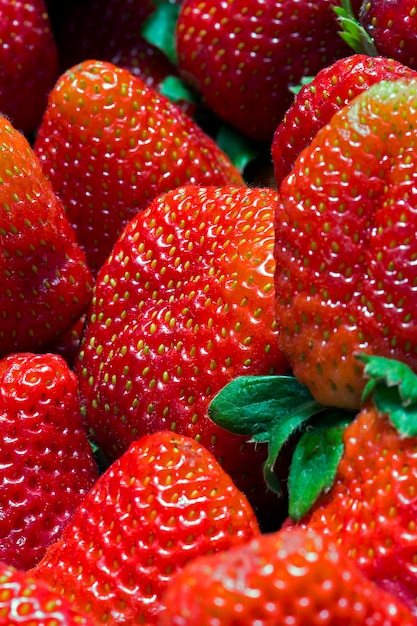 Foto primer plano de la pila de fresas maduras