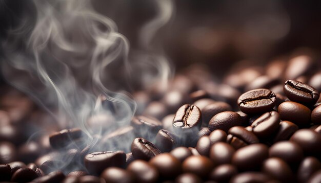 Foto un primer plano de una pila de granos de café con humo saliendo de ella