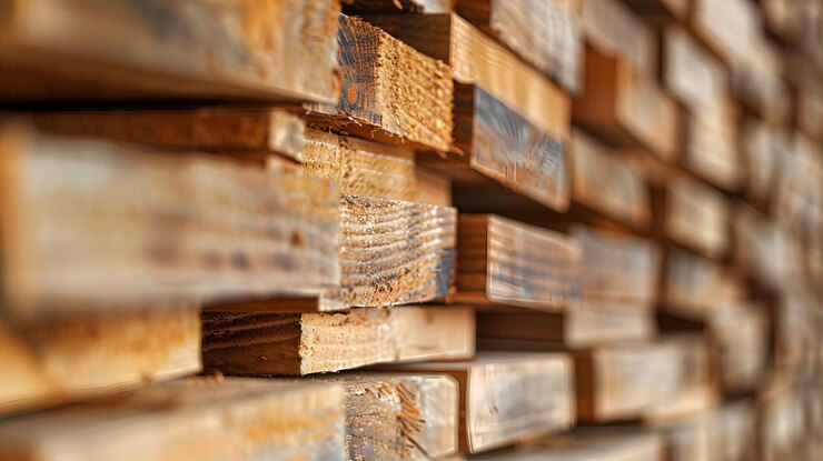 Un primer plano de una pila de madera con una pared de madera en el fondo