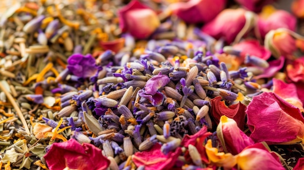 Un primer plano de una pila de manzana de lavanda seca y pétalos de rosa utilizados en varias formas de tradicional